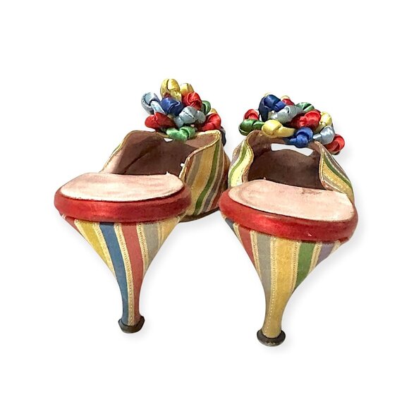 Vintage Schiaparelli Rainbow Satin Heels –1950s 60s Mules with Ribbon Rosette, - Picture 7 of 16
